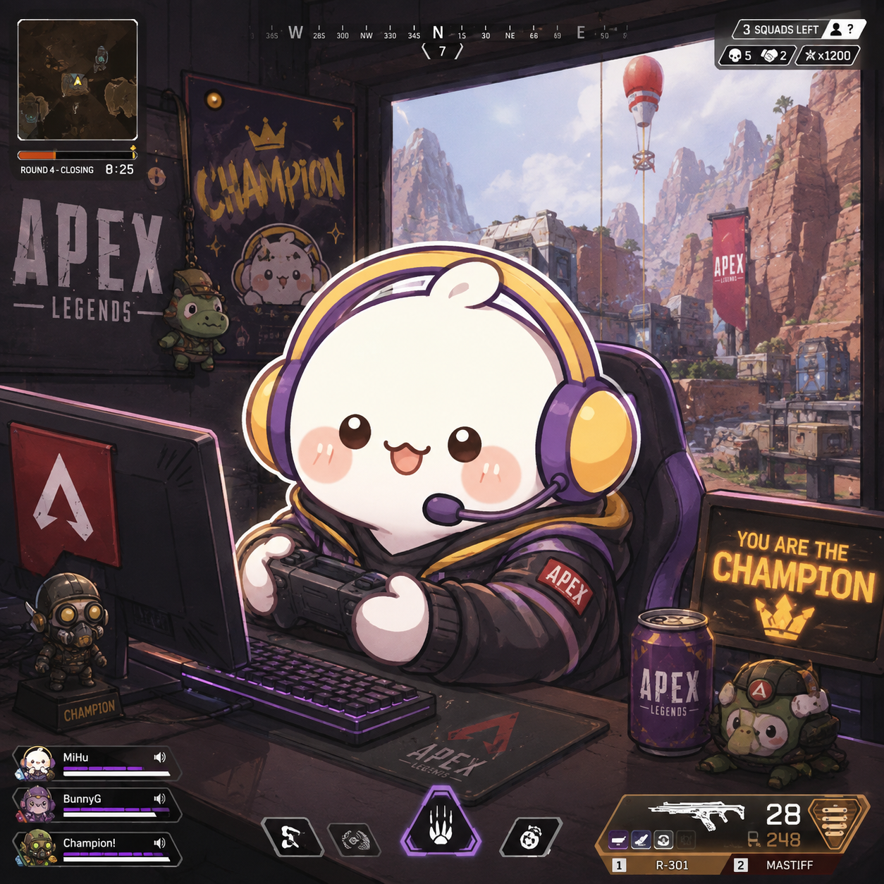 米胡角色戴著耳機遊玩 Apex Legends 準備拿下冠軍