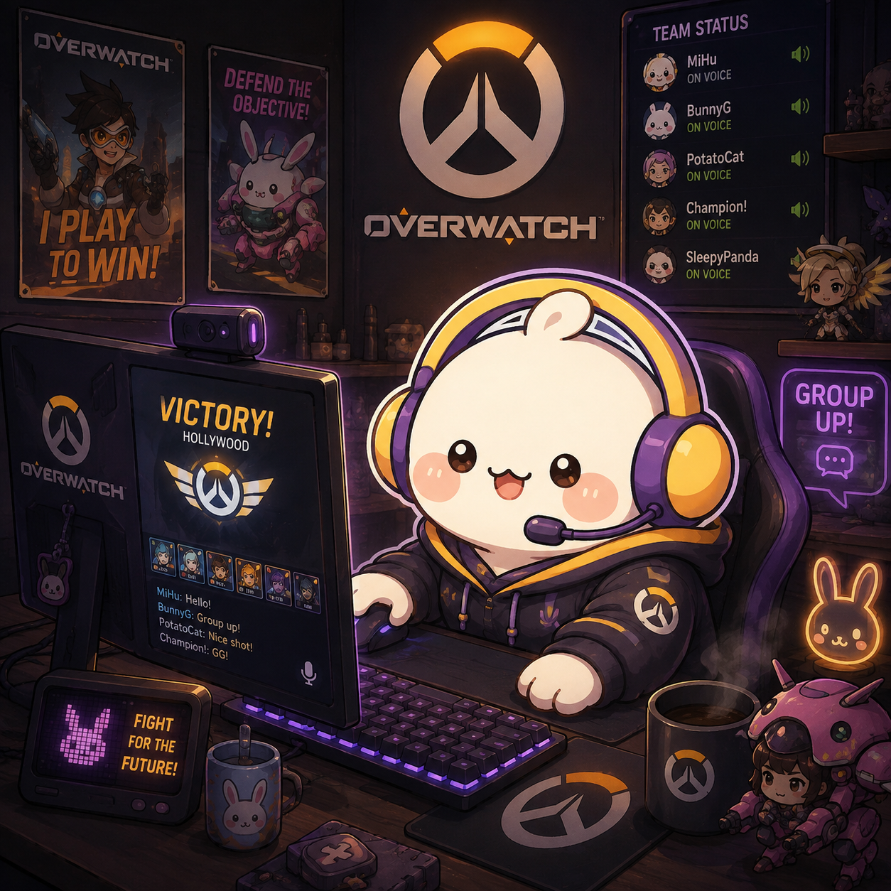 米胡兔兔戴著耳機遊玩 Overwatch，螢幕與房間充滿遊戲氣氛