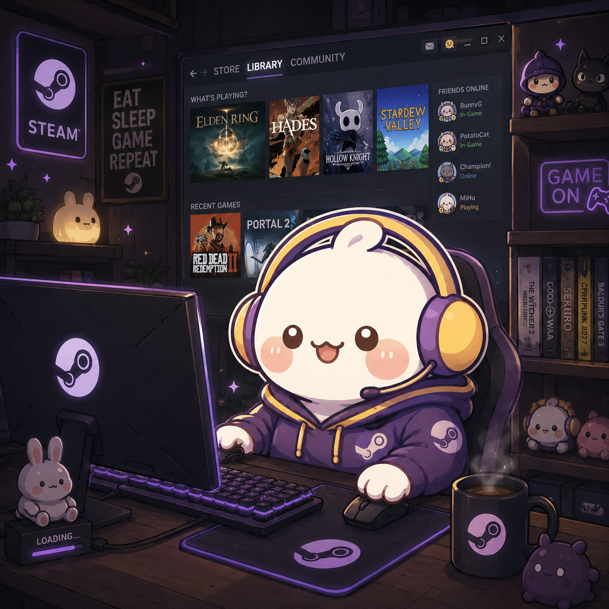 米胡角色在深色遊戲房遊玩 Steam 遊戲並瀏覽收藏庫